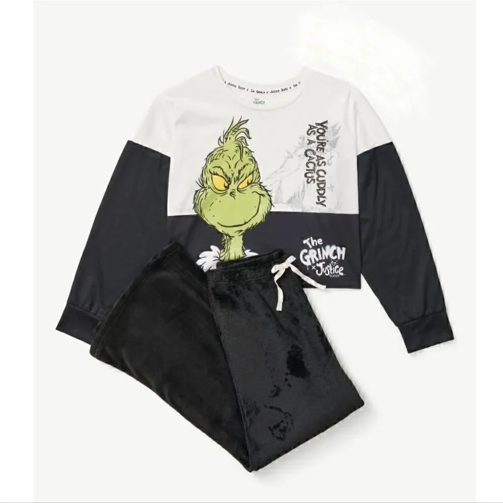 Nwt Justice Girls Size L 12/14 Grinch Long Sleeve Top and Wide Leg Pant